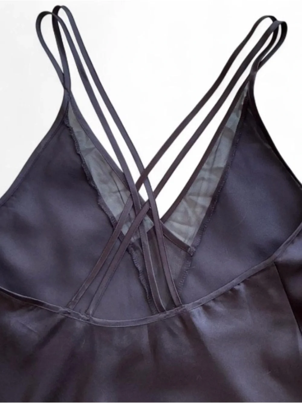 Vintage Black Satin Slip with Mesh Neckline and Strappy Back - Picture 4 of 5